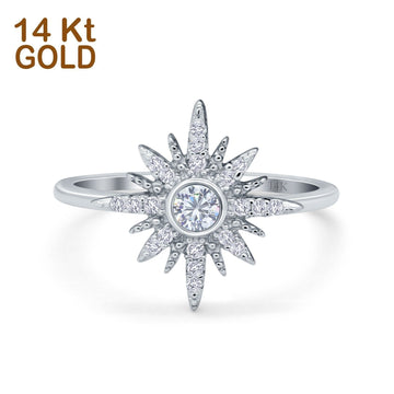 14K White Gold Cluster Starburst Ring Round Bridal Simulated CZ Wedding Engagement Ring Size-7